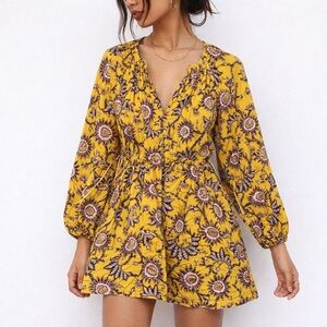 ALC Myra Floral Mini Dress Size 2 Yellow Beige Long Sleeve‎ Boho Folk Peasant